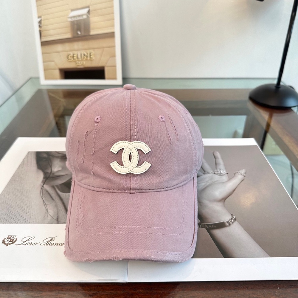 CHANEL Dusty Pink Distressed Cotton Baseball Cap with White CC Patch